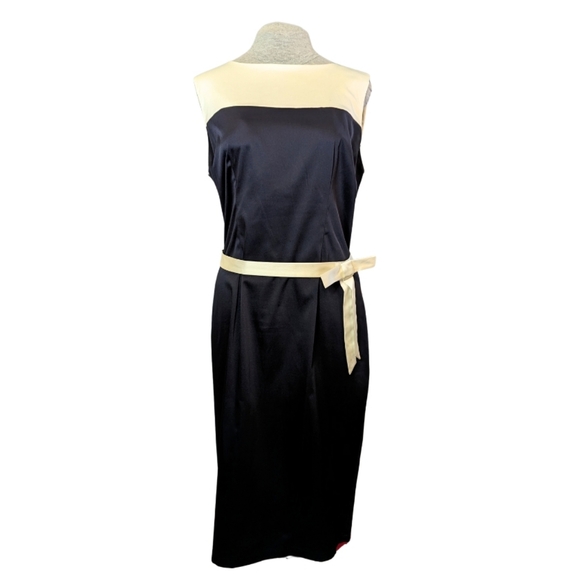 Bettie Page sz16 navy & cream retro style stretch wiggle dress EUC - Picture 1 of 8